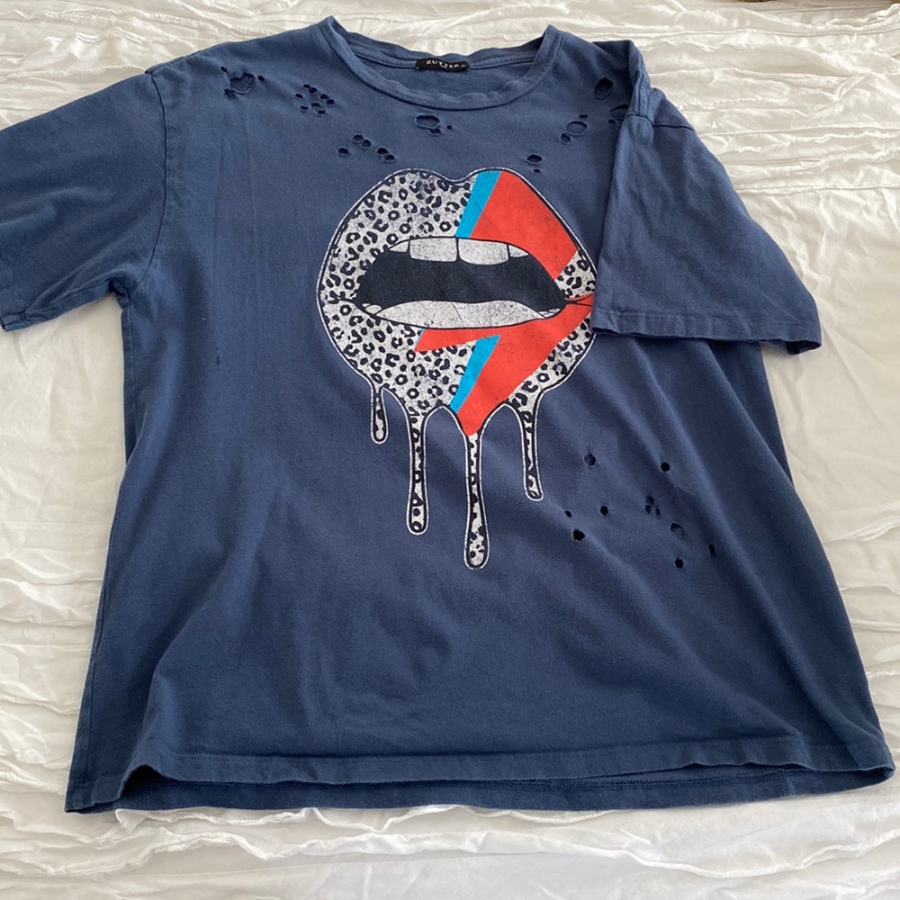Distressed rock and roll t shirt , navy blue